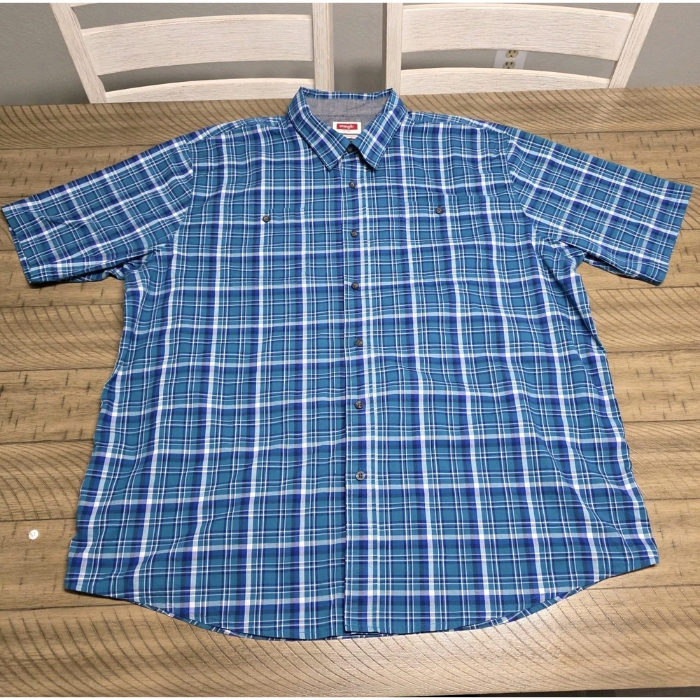 Wrangler Flex for Comfort Men's 2XL Blue Plaid Short Sleeve Button Down Shirt